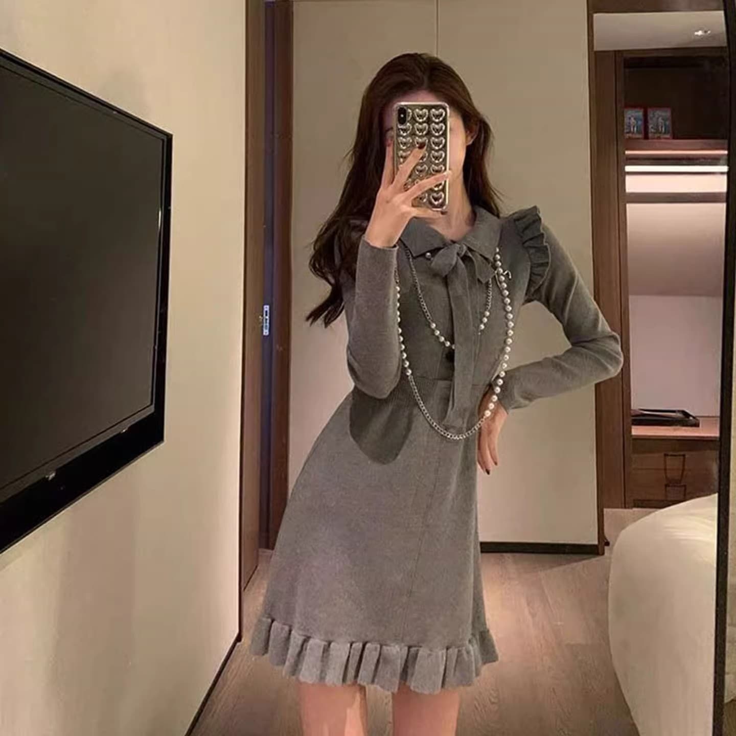 고급 센스 프랑스식 회색 니트 여성 드레스 가을 겨울 디자인 센스 품격 아름다운 몸매 가꾸기 슬림해 보이는 타이트 스커트 미니 스커트 이미지 3