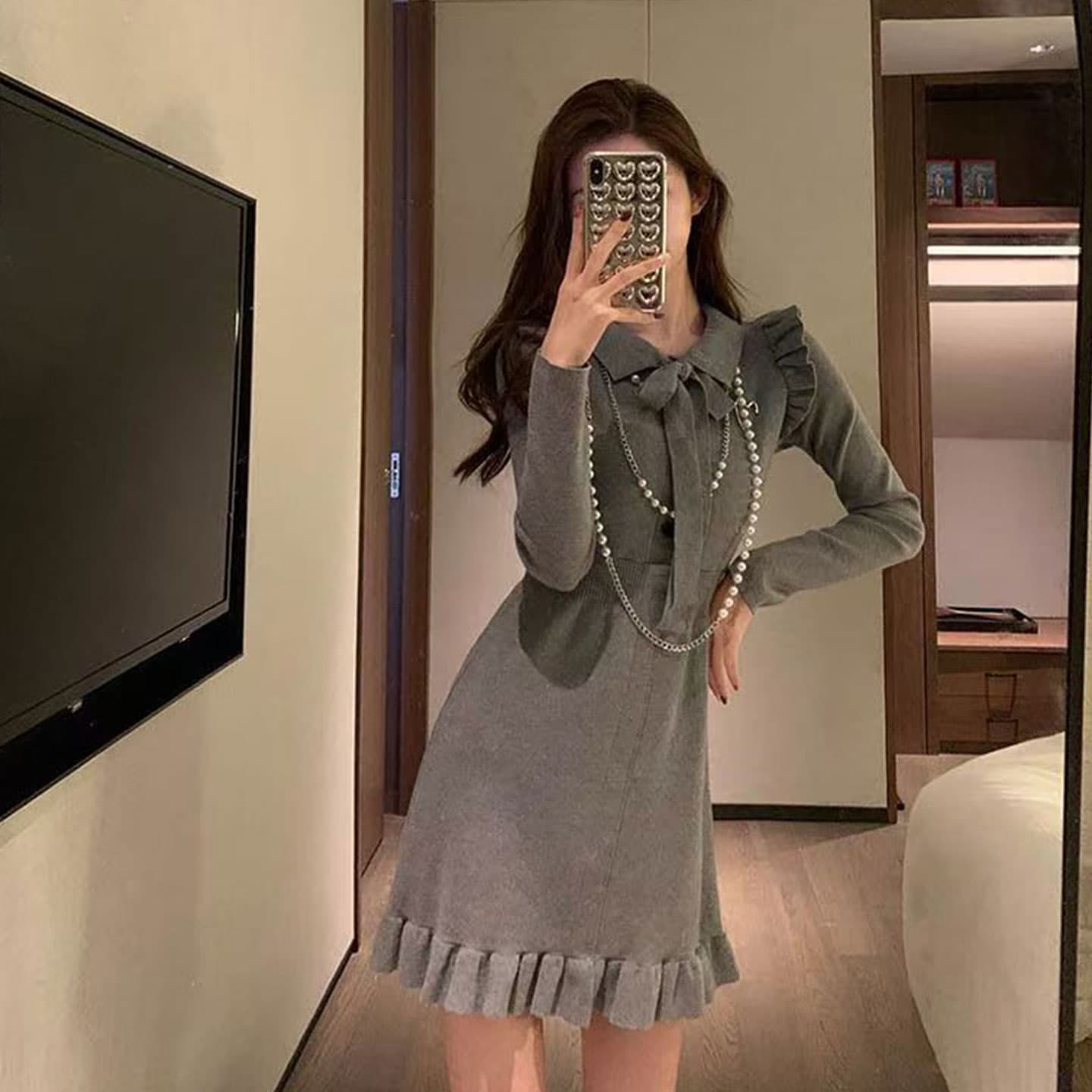 고급 센스 프랑스식 회색 니트 여성 드레스 가을 겨울 디자인 센스 품격 아름다운 몸매 가꾸기 슬림해 보이는 타이트 스커트 미니 스커트 상세 이미지 1