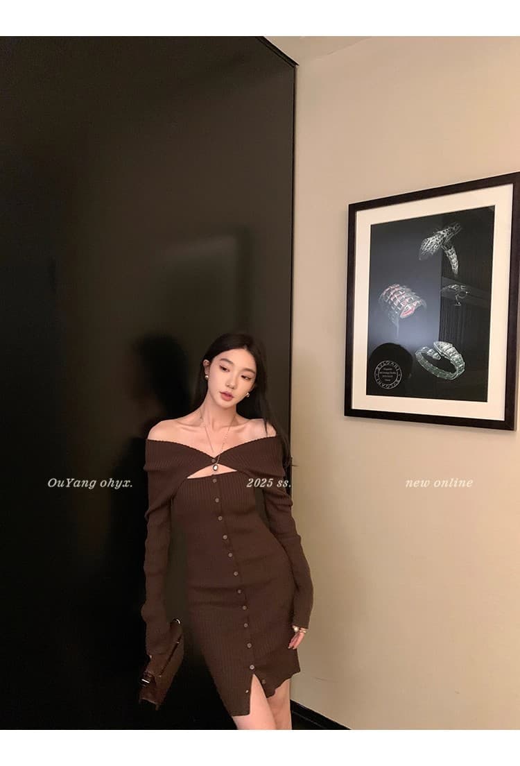 지구 Ouyang 오프숄더 긴팔 여성 드레스 가을 허리 수축 핫걸 타이트 스커트 미니 스커트 몸매 가꾸기 슬림해 보이는 치마 상세 이미지 10