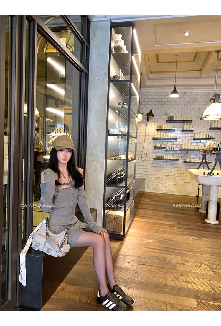 지구 Ouyang 오프숄더 긴팔 여성 드레스 가을 허리 수축 핫걸 타이트 스커트 미니 스커트 몸매 가꾸기 슬림해 보이는 치마 상세 이미지 14
