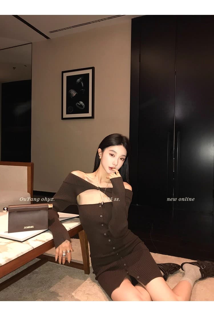 지구 Ouyang 오프숄더 긴팔 여성 드레스 가을 허리 수축 핫걸 타이트 스커트 미니 스커트 몸매 가꾸기 슬림해 보이는 치마 상세 이미지 39