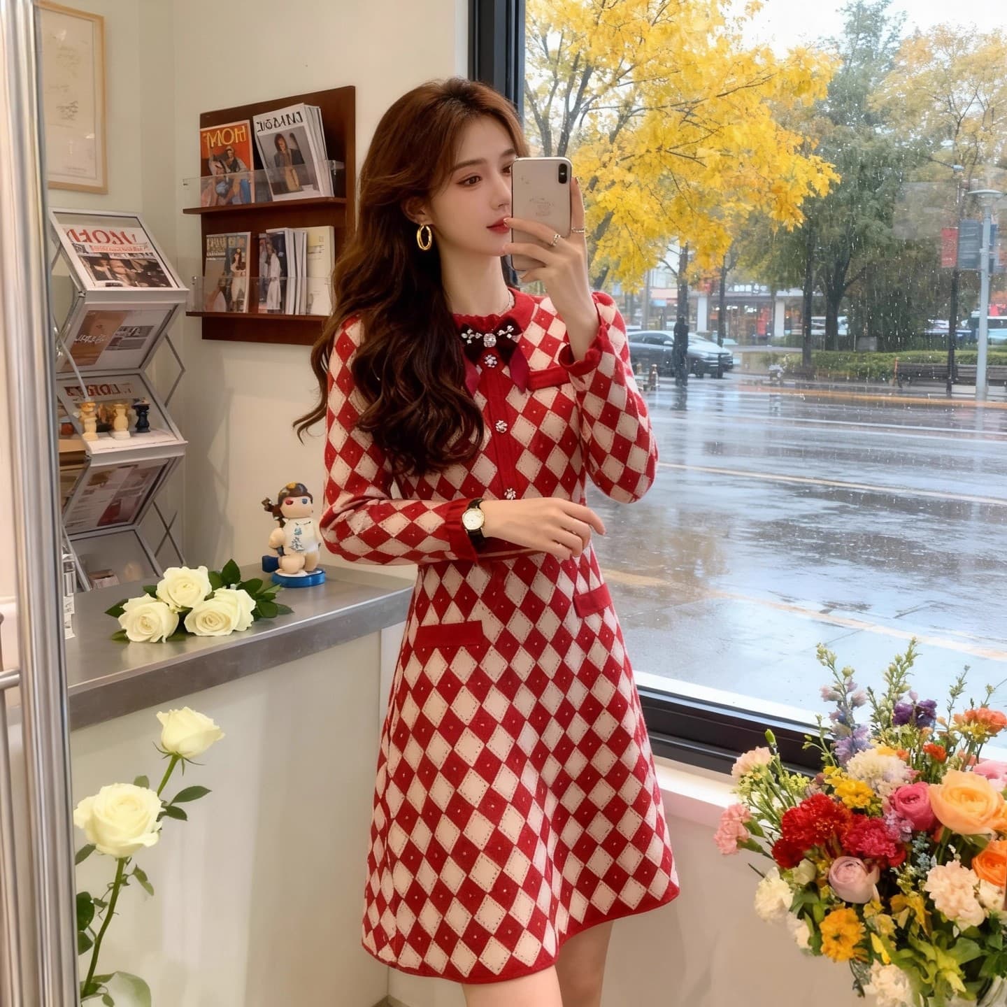 프랑스식 작은 샤넬 스타일 빨간색 니트 여성 드레스 2026 가을 겨울 새로운 고급 센스 외국 가스 허리 수축 빛 럭셔리 치마