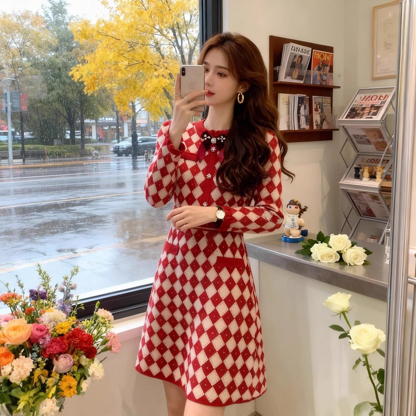 프랑스식 작은 샤넬 스타일 빨간색 니트 여성 드레스 2026 가을 겨울 새로운 고급 센스 외국 가스 허리 수축 빛 럭셔리 치마 이미지 4