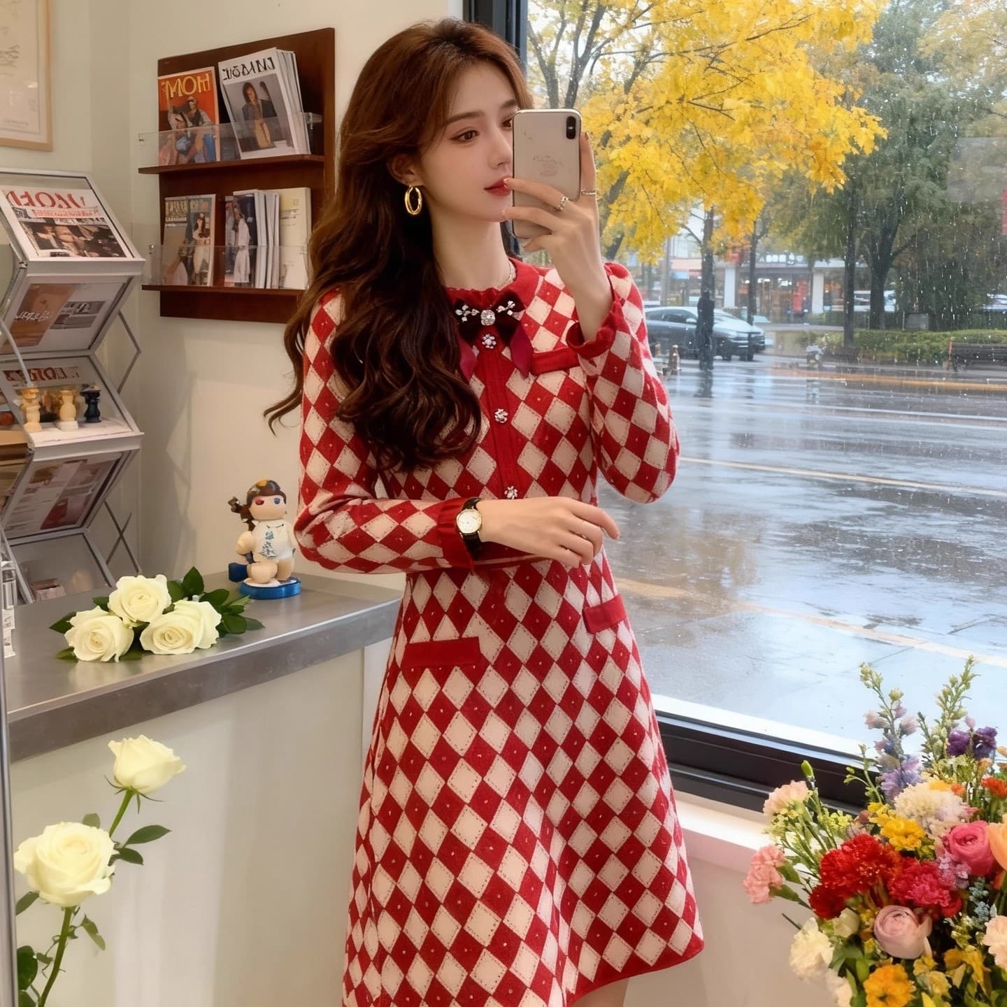 프랑스식 작은 샤넬 스타일 빨간색 니트 여성 드레스 2026 가을 겨울 새로운 고급 센스 외국 가스 허리 수축 빛 럭셔리 치마 이미지 2