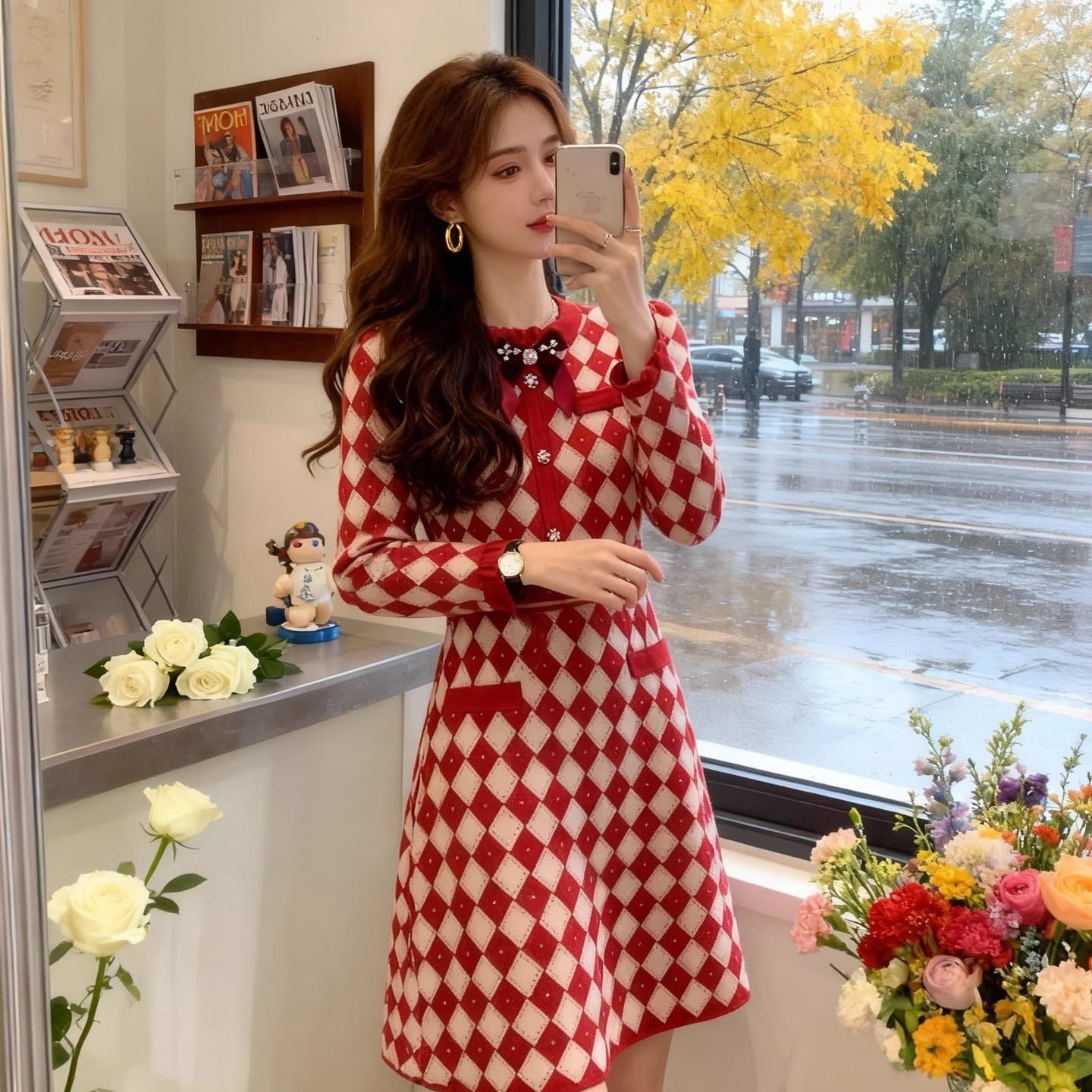 프랑스식 작은 샤넬 스타일 빨간색 니트 여성 드레스 2026 가을 겨울 새로운 고급 센스 외국 가스 허리 수축 빛 럭셔리 치마 이미지 5