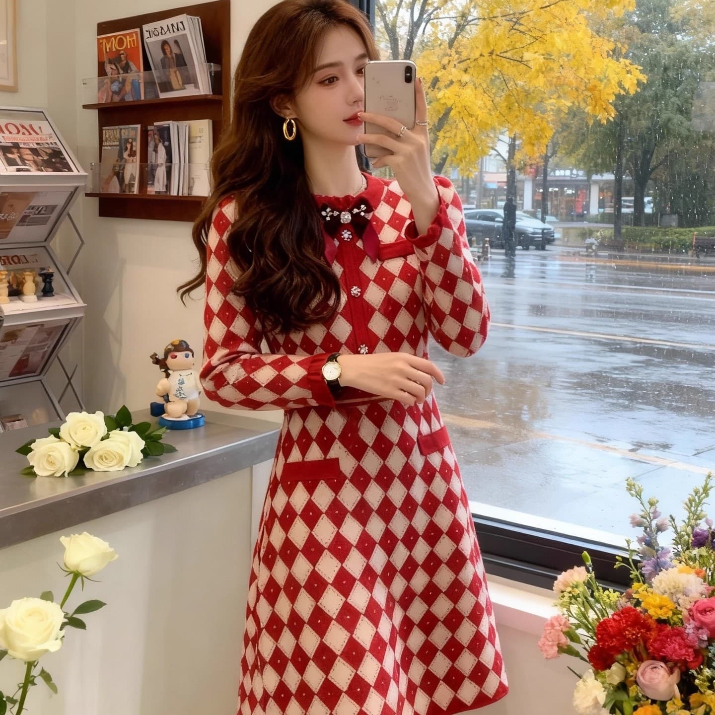 프랑스식 작은 샤넬 스타일 빨간색 니트 여성 드레스 2026 가을 겨울 새로운 고급 센스 외국 가스 허리 수축 빛 럭셔리 치마 이미지 3
