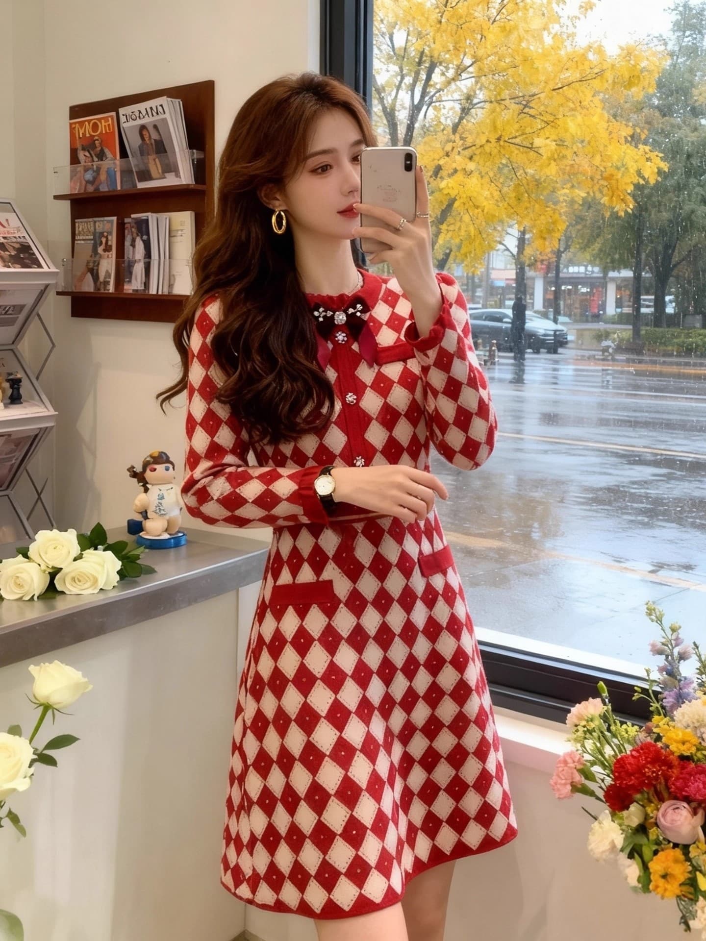 프랑스식 작은 샤넬 스타일 빨간색 니트 여성 드레스 2026 가을 겨울 새로운 고급 센스 외국 가스 허리 수축 빛 럭셔리 치마 상세 이미지 1
