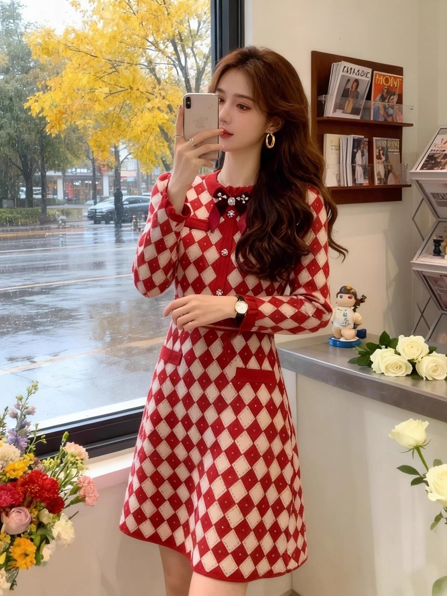 프랑스식 작은 샤넬 스타일 빨간색 니트 여성 드레스 2026 가을 겨울 새로운 고급 센스 외국 가스 허리 수축 빛 럭셔리 치마 상세 이미지 2