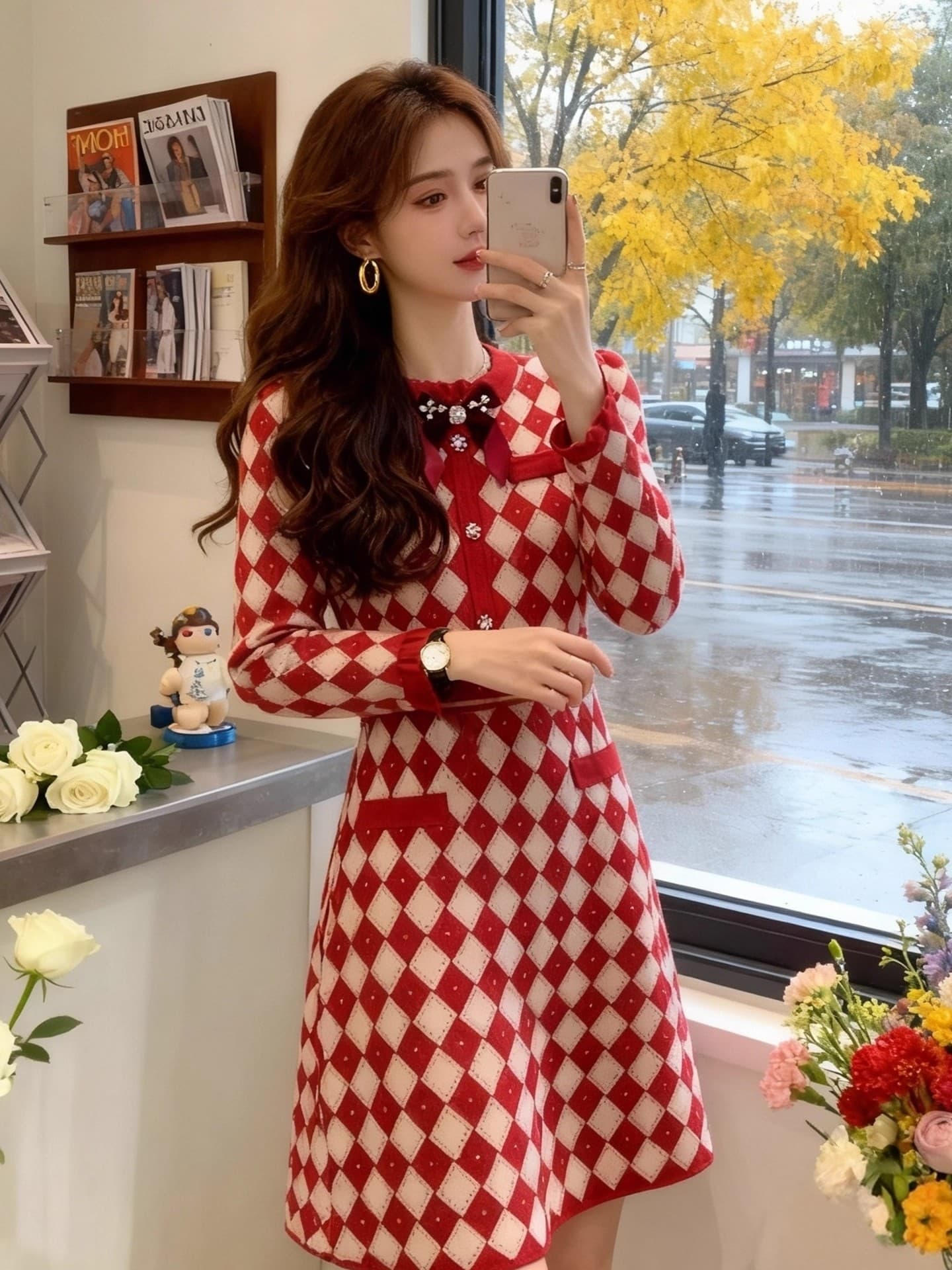 프랑스식 작은 샤넬 스타일 빨간색 니트 여성 드레스 2026 가을 겨울 새로운 고급 센스 외국 가스 허리 수축 빛 럭셔리 치마 상세 이미지 3