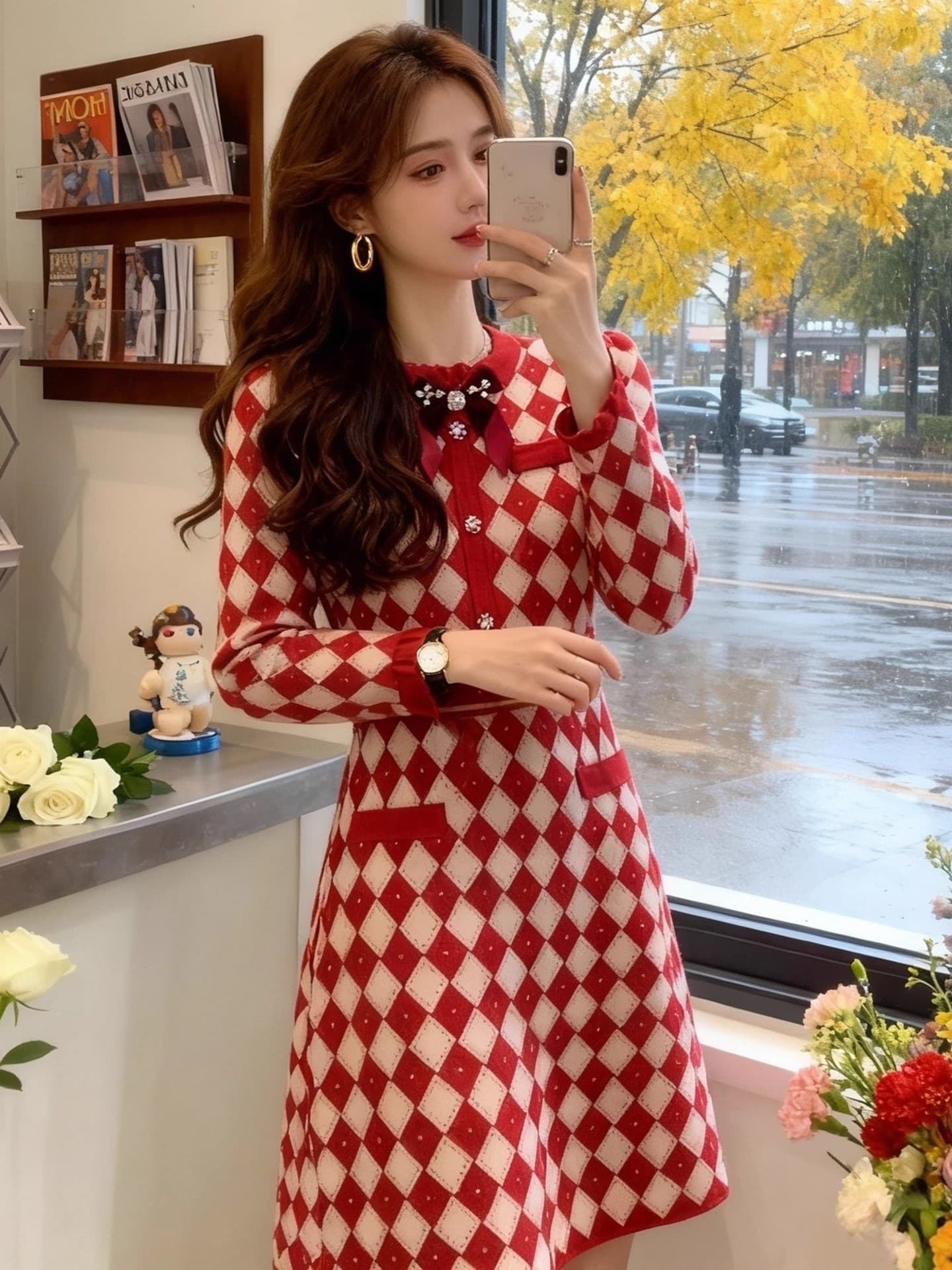 프랑스식 작은 샤넬 스타일 빨간색 니트 여성 드레스 2026 가을 겨울 새로운 고급 센스 외국 가스 허리 수축 빛 럭셔리 치마 상세 이미지 4