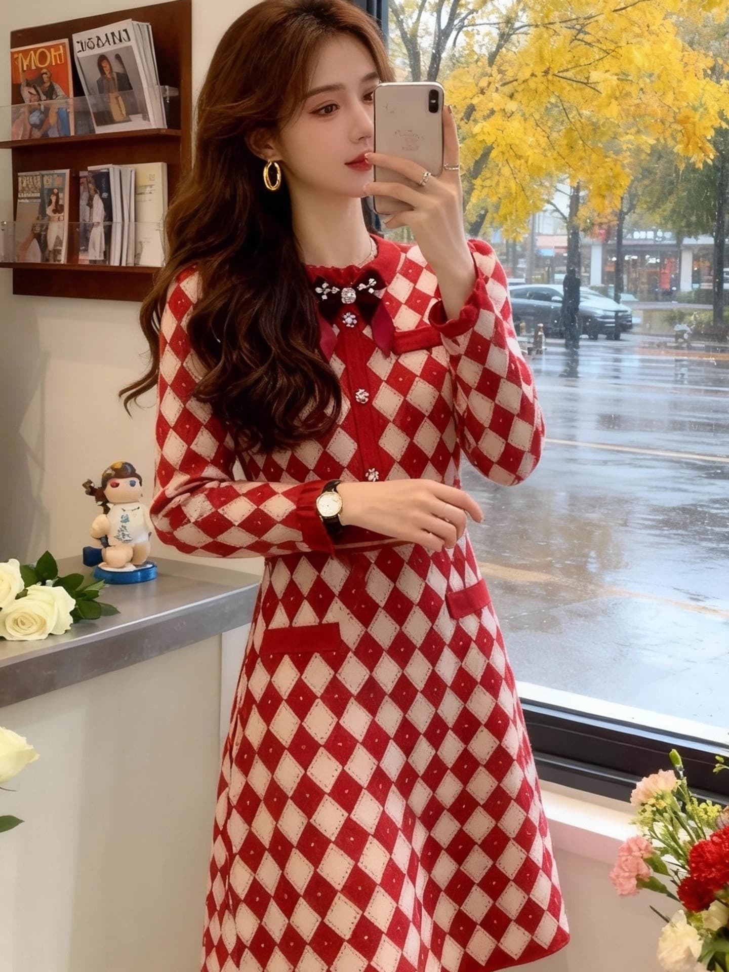 프랑스식 작은 샤넬 스타일 빨간색 니트 여성 드레스 2026 가을 겨울 새로운 고급 센스 외국 가스 허리 수축 빛 럭셔리 치마 상세 이미지 5