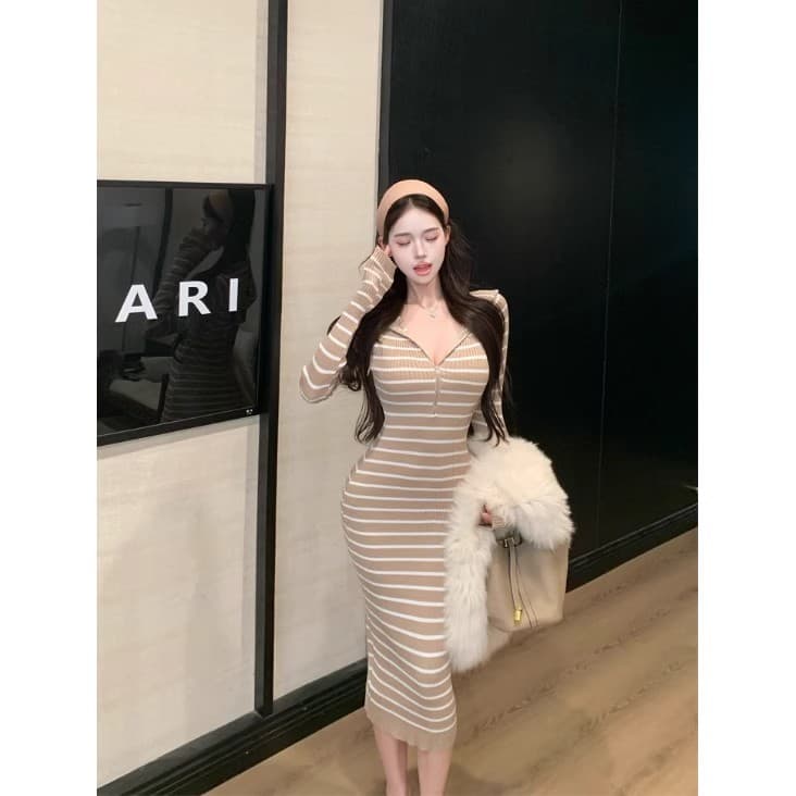kumikumi 순수한 욕망 바람 핑크색 스트라이프 니트 여성 드레스 가을 Chic 슬림해 보이는 새로운 타이트 스커트 롱 스커트 이미지 4
