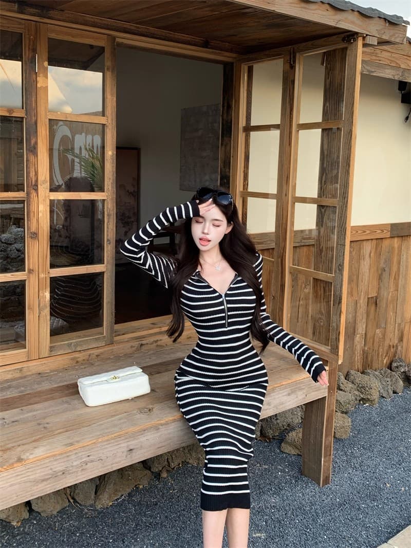 kumikumi 순수한 욕망 바람 핑크색 스트라이프 니트 여성 드레스 가을 Chic 슬림해 보이는 새로운 타이트 스커트 롱 스커트 상세 이미지 5