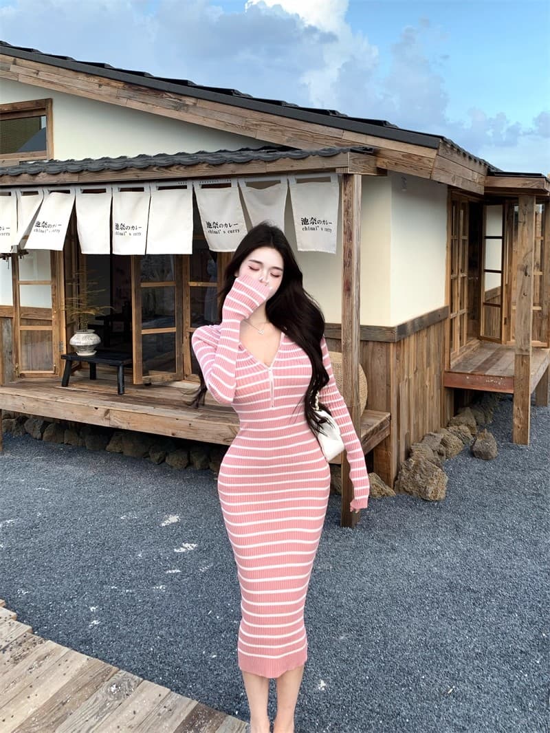kumikumi 순수한 욕망 바람 핑크색 스트라이프 니트 여성 드레스 가을 Chic 슬림해 보이는 새로운 타이트 스커트 롱 스커트 상세 이미지 17