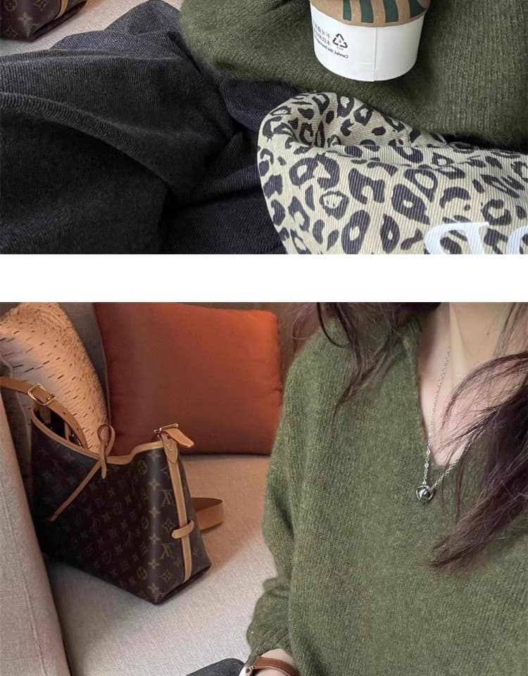 유럽 상품 고급 짙은 녹색 양모 폴로 칼라 스웨터 여자 가을 겨울 보온 다용도 느긋한 니트 스웨터 V넥 맨위 상세 이미지 5