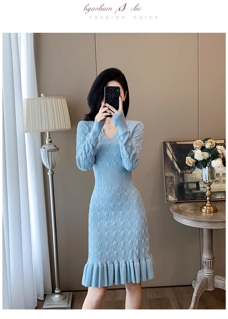 부드러운 작은 샤넬 스타일 가을 겨울철 달콤함 품격 홀로우 아웃 니트 드레스 인어 꼬리 타이트 스커트 스웨터 드레스 여성 기본 스커트 상세 이미지 6