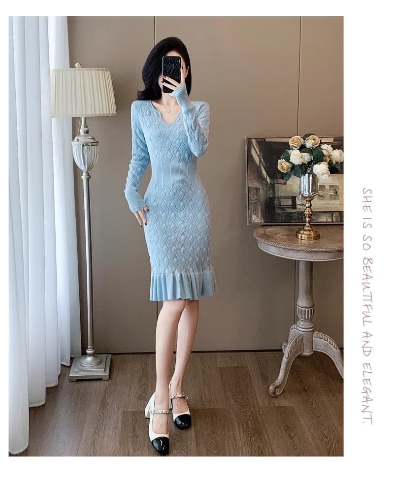 부드러운 작은 샤넬 스타일 가을 겨울철 달콤함 품격 홀로우 아웃 니트 드레스 인어 꼬리 타이트 스커트 스웨터 드레스 여성 기본 스커트 상세 이미지 11