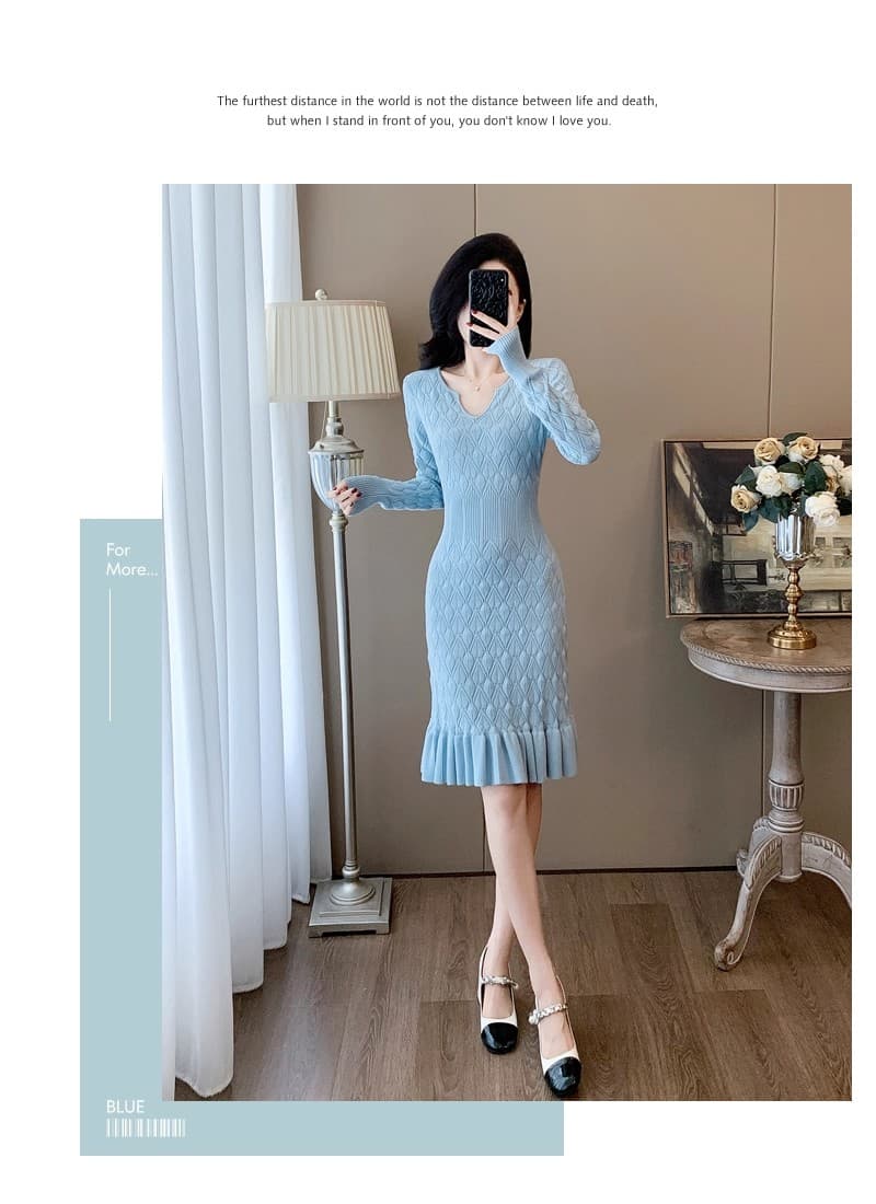 부드러운 작은 샤넬 스타일 가을 겨울철 달콤함 품격 홀로우 아웃 니트 드레스 인어 꼬리 타이트 스커트 스웨터 드레스 여성 기본 스커트 상세 이미지 12