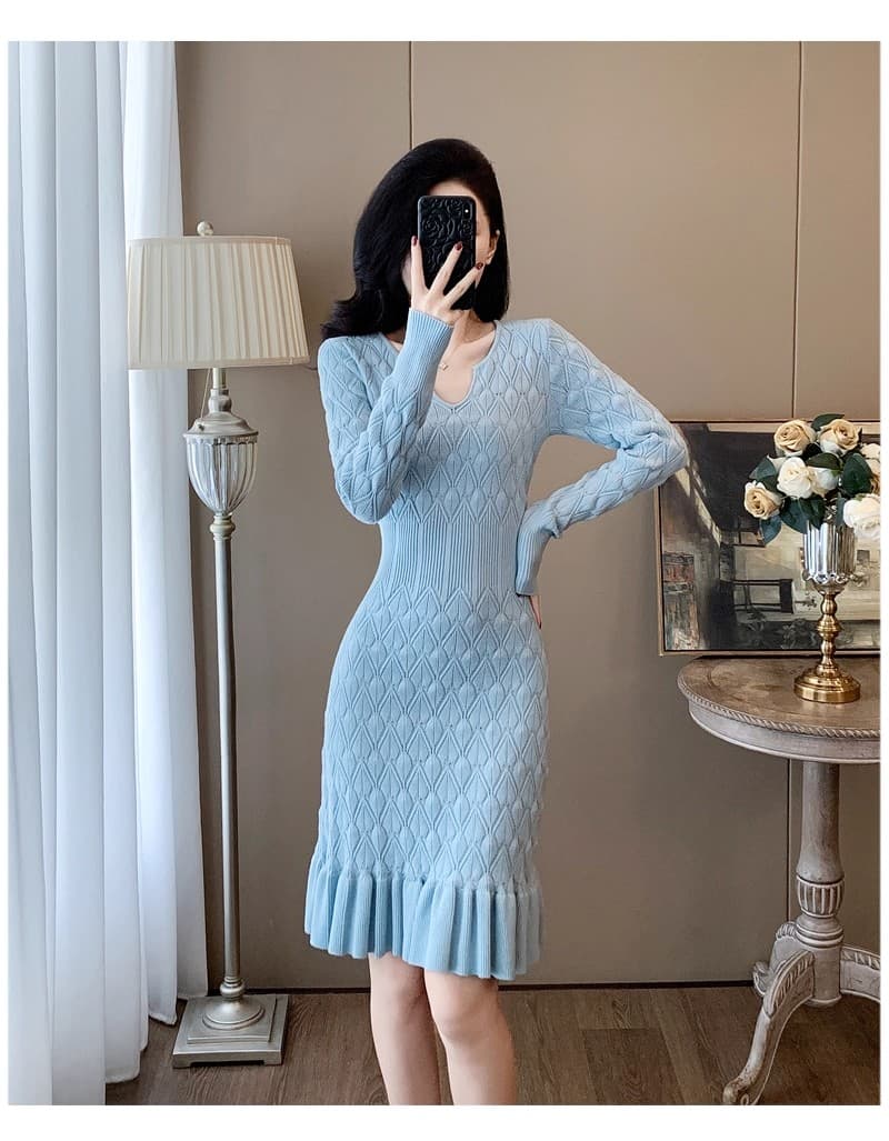 부드러운 작은 샤넬 스타일 가을 겨울철 달콤함 품격 홀로우 아웃 니트 드레스 인어 꼬리 타이트 스커트 스웨터 드레스 여성 기본 스커트 상세 이미지 20