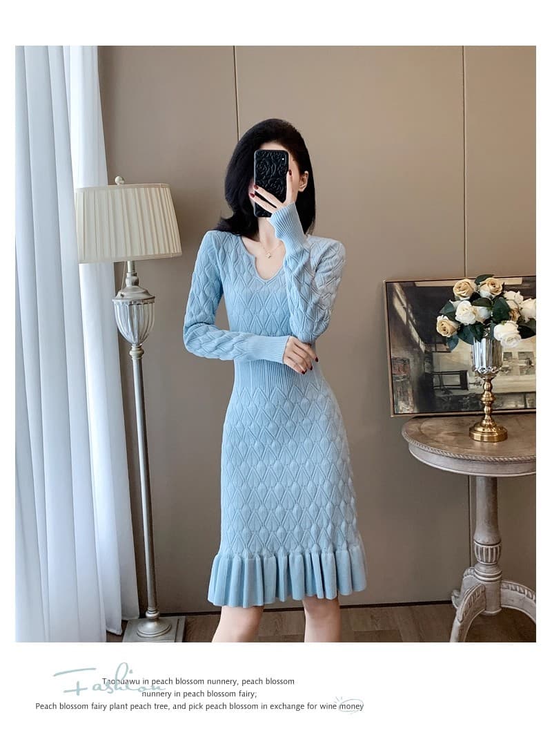 부드러운 작은 샤넬 스타일 가을 겨울철 달콤함 품격 홀로우 아웃 니트 드레스 인어 꼬리 타이트 스커트 스웨터 드레스 여성 기본 스커트 상세 이미지 22