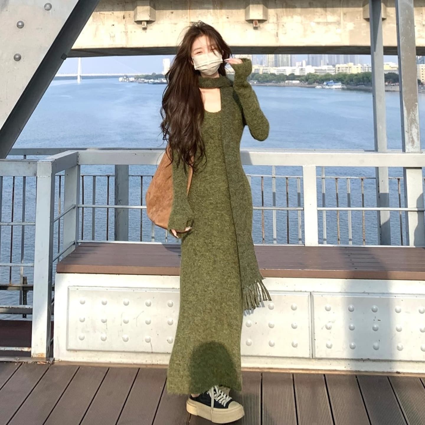 2026 센 섬 이끼 흔적 가을 겨울 새로운 더블 색상 스카프 스웨터 드레스 여성 뜨개질 드레스 인사이드 가져 가라. A라인 스커트