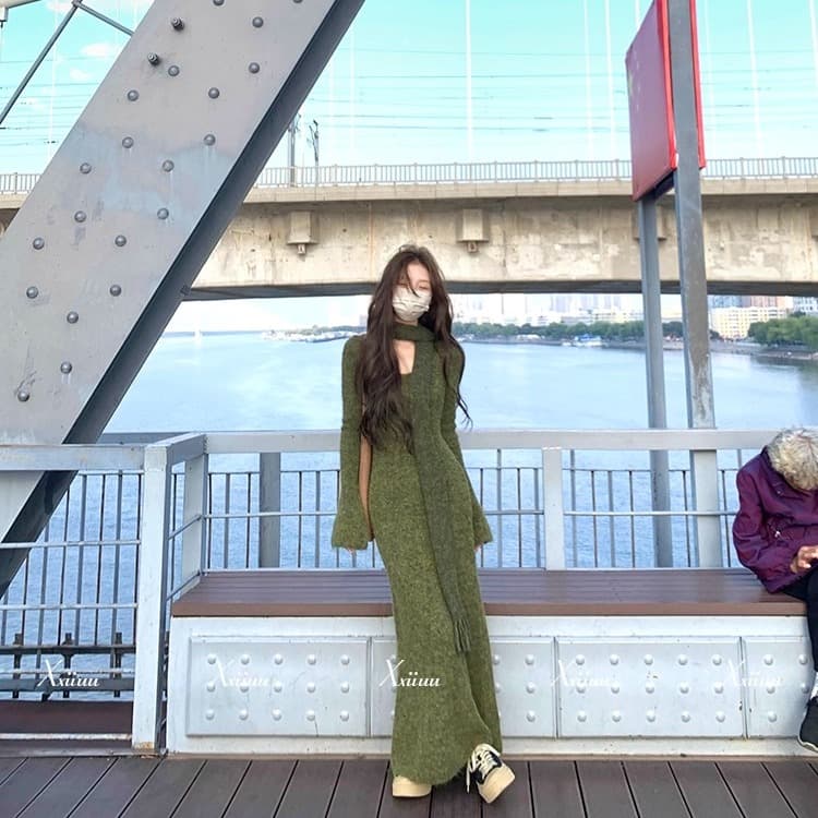 2026 센 섬 이끼 흔적 가을 겨울 새로운 더블 색상 스카프 스웨터 드레스 여성 뜨개질 드레스 인사이드 가져 가라. A라인 스커트 이미지 3