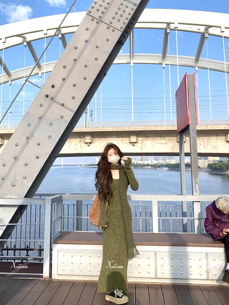 2026 센 섬 이끼 흔적 가을 겨울 새로운 더블 색상 스카프 스웨터 드레스 여성 뜨개질 드레스 인사이드 가져 가라. A라인 스커트 상세 이미지 5