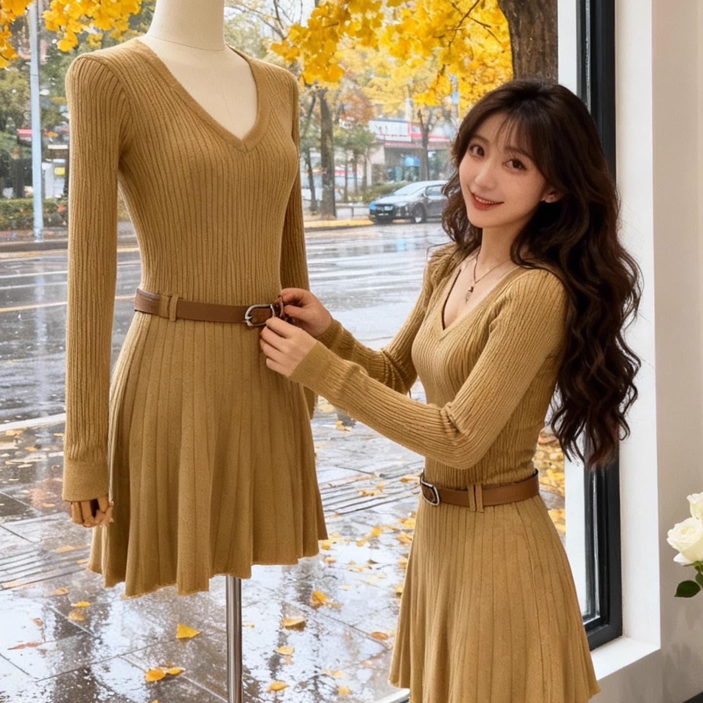 프랑스식 빛 요리 한 바람 카키 색 니트 긴 소매 여성 드레스 가을 품격 몸매 가꾸기 슬림해 보이는 허리 수축 플리츠 미니 스커트 이미지 5