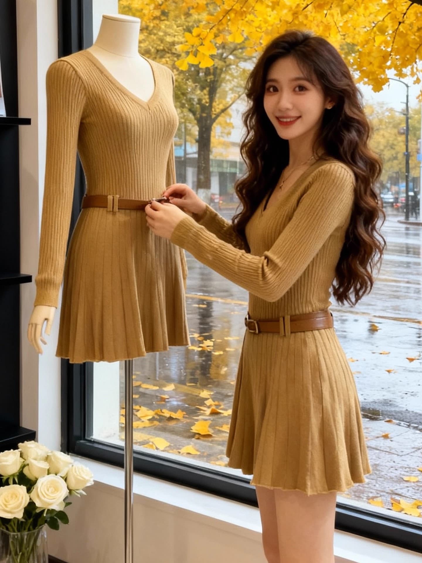 프랑스식 빛 요리 한 바람 카키 색 니트 긴 소매 여성 드레스 가을 품격 몸매 가꾸기 슬림해 보이는 허리 수축 플리츠 미니 스커트 상세 이미지 2