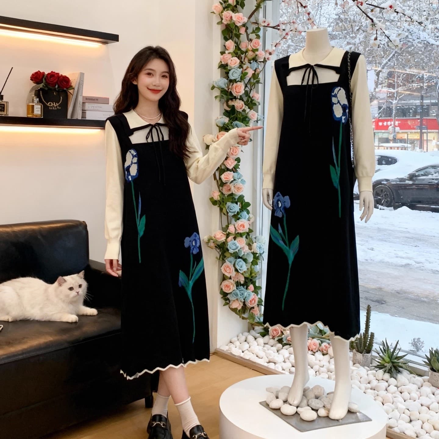 반 고흐 품격 니트 여성 드레스 2026 새로운 가을 겨울 스웨터 드레스 스웨터 롱 스커트 달의 밤 연 언어
