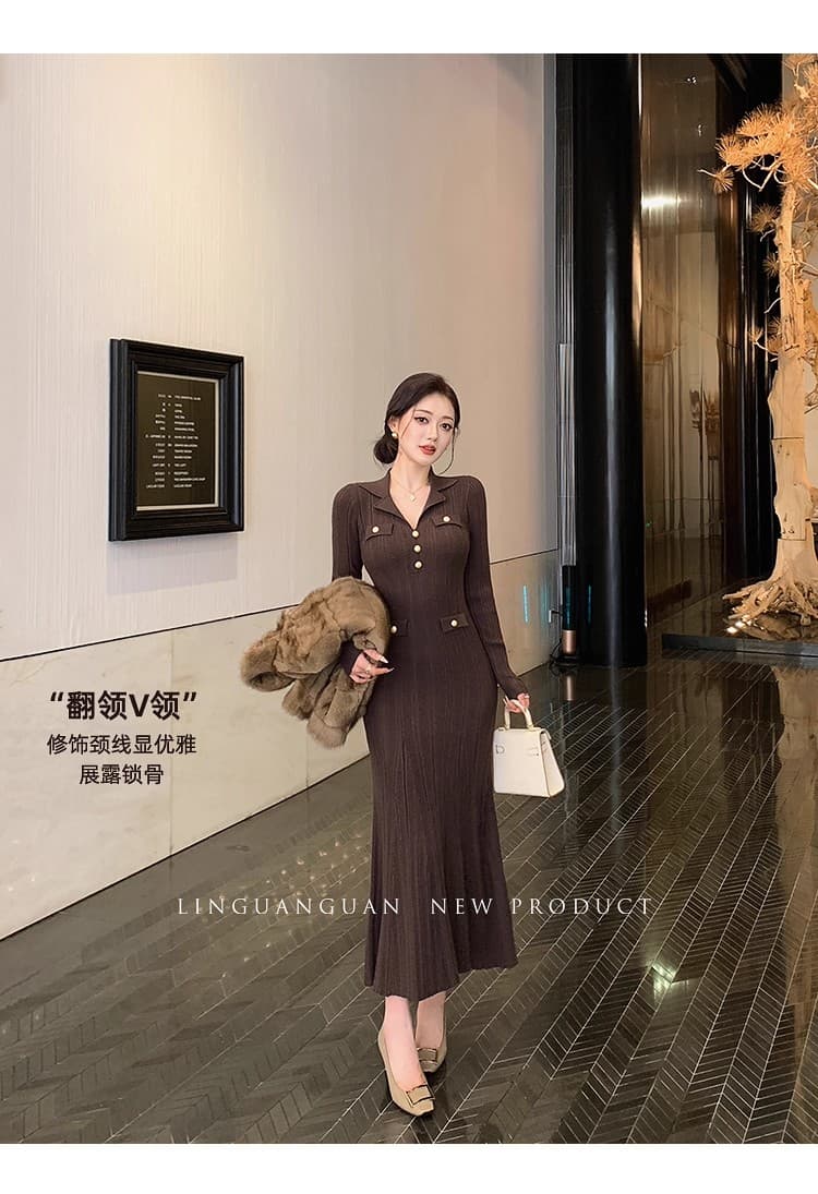 린 닫기 프랑스식 사소한 품격 커피 색상 V넥 니트 여성 드레스 가을 빛 럭셔리 작은 대중 아니요 명중 섹션 치마 상세 이미지 18