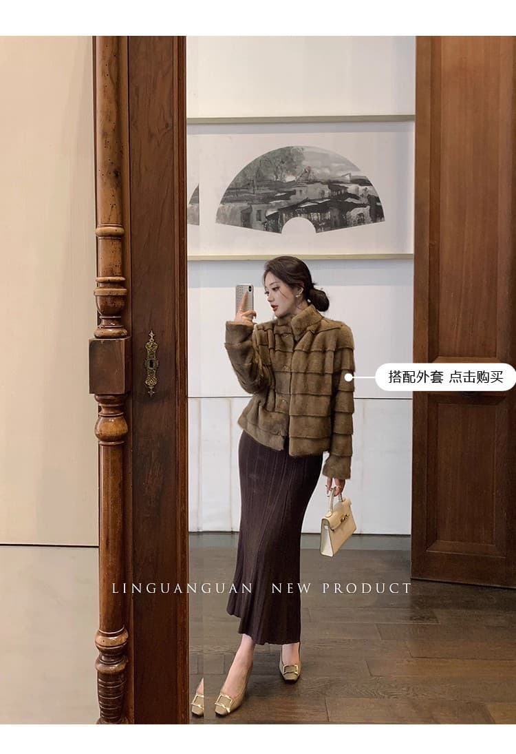 린 닫기 프랑스식 사소한 품격 커피 색상 V넥 니트 여성 드레스 가을 빛 럭셔리 작은 대중 아니요 명중 섹션 치마 상세 이미지 24