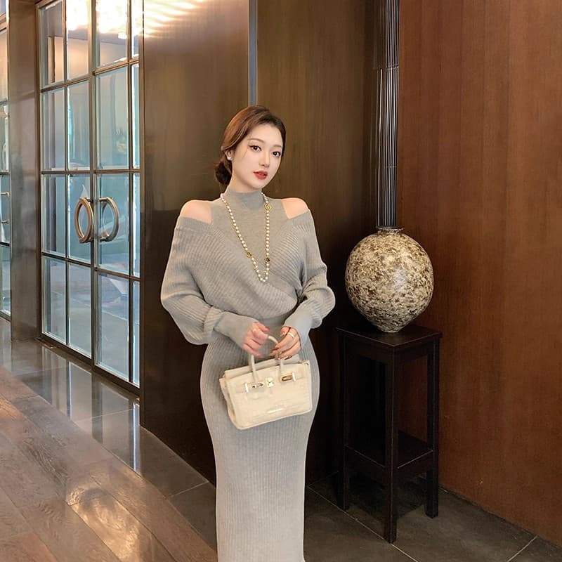 린 닫기 프랑스식 사소한 품격 회색 페이크 레이어드 오프숄더 니트 드레스 가을 느긋한 느슨함 센스 롱 스커트 이미지 2
