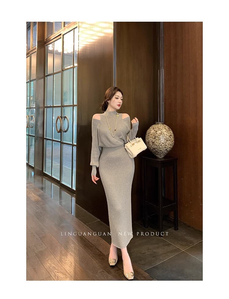 린 닫기 프랑스식 사소한 품격 회색 페이크 레이어드 오프숄더 니트 드레스 가을 느긋한 느슨함 센스 롱 스커트 상세 이미지 15