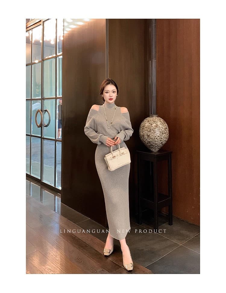 린 닫기 프랑스식 사소한 품격 회색 페이크 레이어드 오프숄더 니트 드레스 가을 느긋한 느슨함 센스 롱 스커트 상세 이미지 21