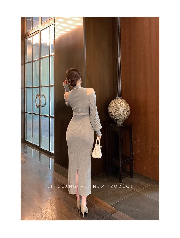 린 닫기 프랑스식 사소한 품격 회색 페이크 레이어드 오프숄더 니트 드레스 가을 느긋한 느슨함 센스 롱 스커트 상세 이미지 23
