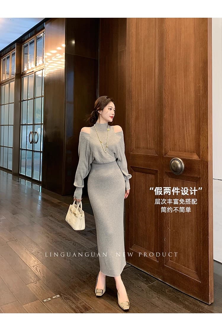 린 닫기 프랑스식 사소한 품격 회색 페이크 레이어드 오프숄더 니트 드레스 가을 느긋한 느슨함 센스 롱 스커트 상세 이미지 27