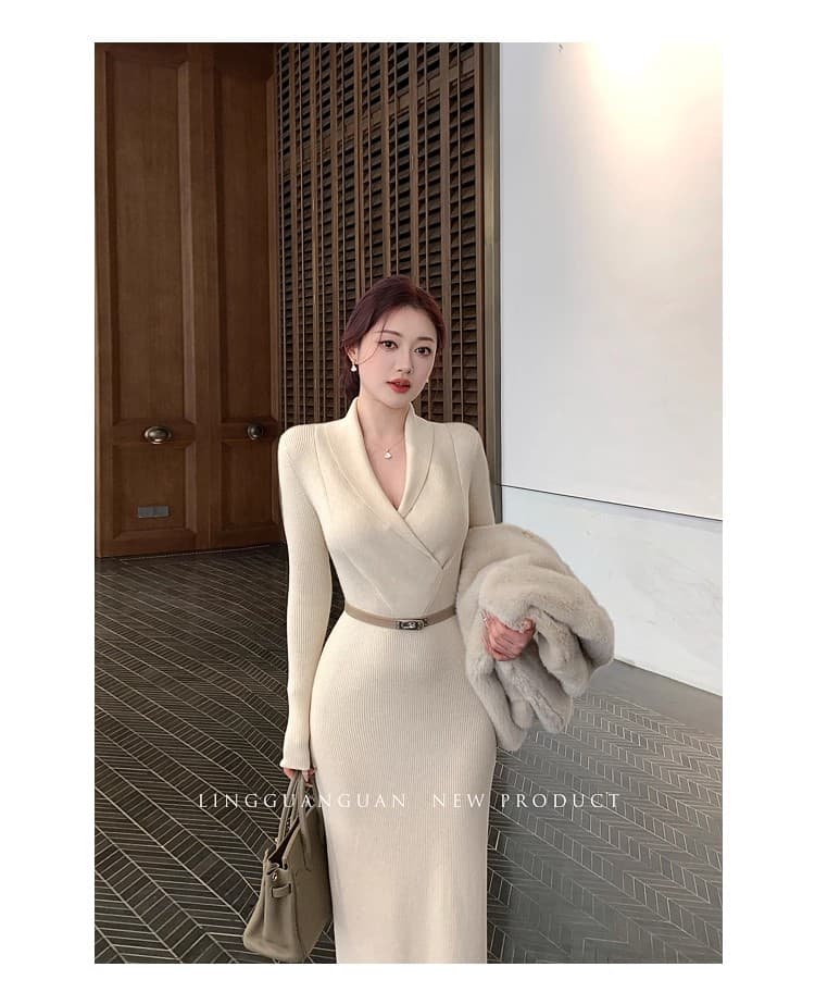 2026 년 V넥 니트 타이트 스커트 드레스 여성 겨울 프랑스식 사소한 품격 긴팔 스웨터 드레스 몸매 가꾸기 롱 스커트 상세 이미지 15