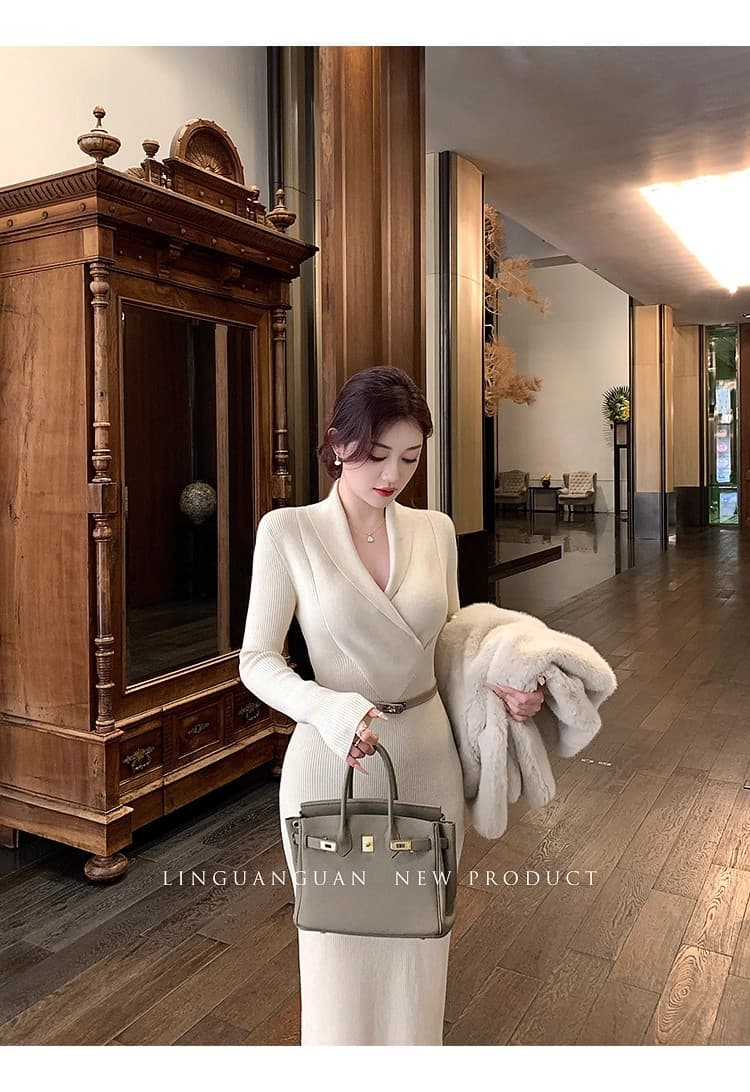 2026 년 V넥 니트 타이트 스커트 드레스 여성 겨울 프랑스식 사소한 품격 긴팔 스웨터 드레스 몸매 가꾸기 롱 스커트 상세 이미지 19
