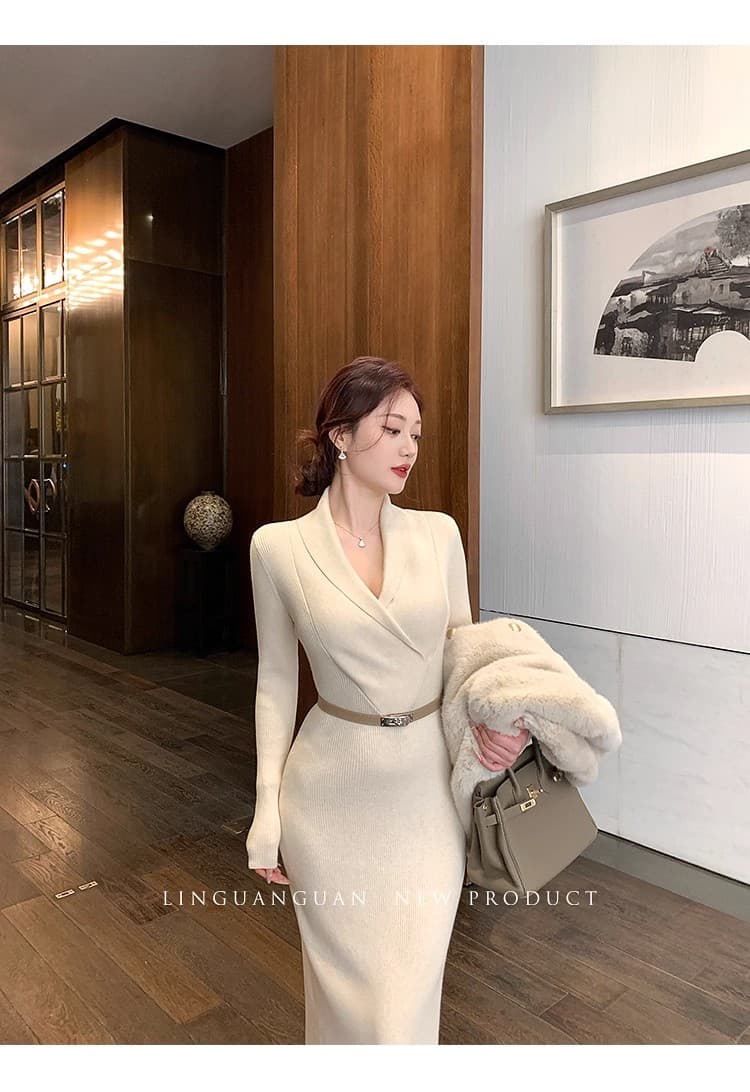 2026 년 V넥 니트 타이트 스커트 드레스 여성 겨울 프랑스식 사소한 품격 긴팔 스웨터 드레스 몸매 가꾸기 롱 스커트 상세 이미지 22