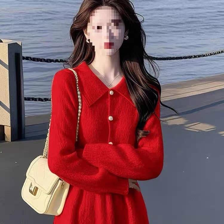 품격 작은 샤넬 스타일 황색 니트 여성 드레스 2026 년 가을 새로운 허리 수축 슬림해 보이는 고급 센스 A라인 스커트 이미지 4