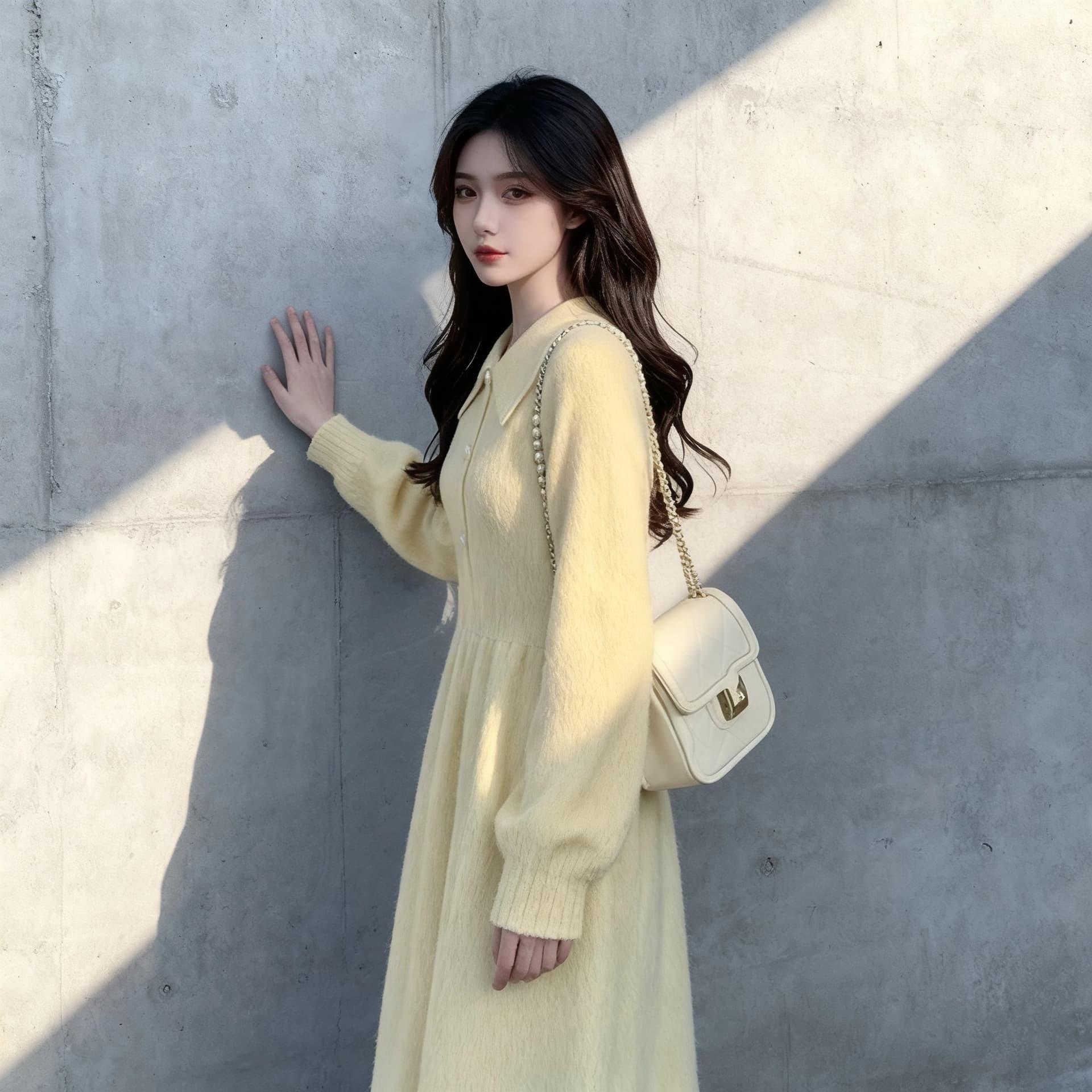 품격 작은 샤넬 스타일 황색 니트 여성 드레스 2026 년 가을 새로운 허리 수축 슬림해 보이는 고급 센스 A라인 스커트 상세 이미지 2