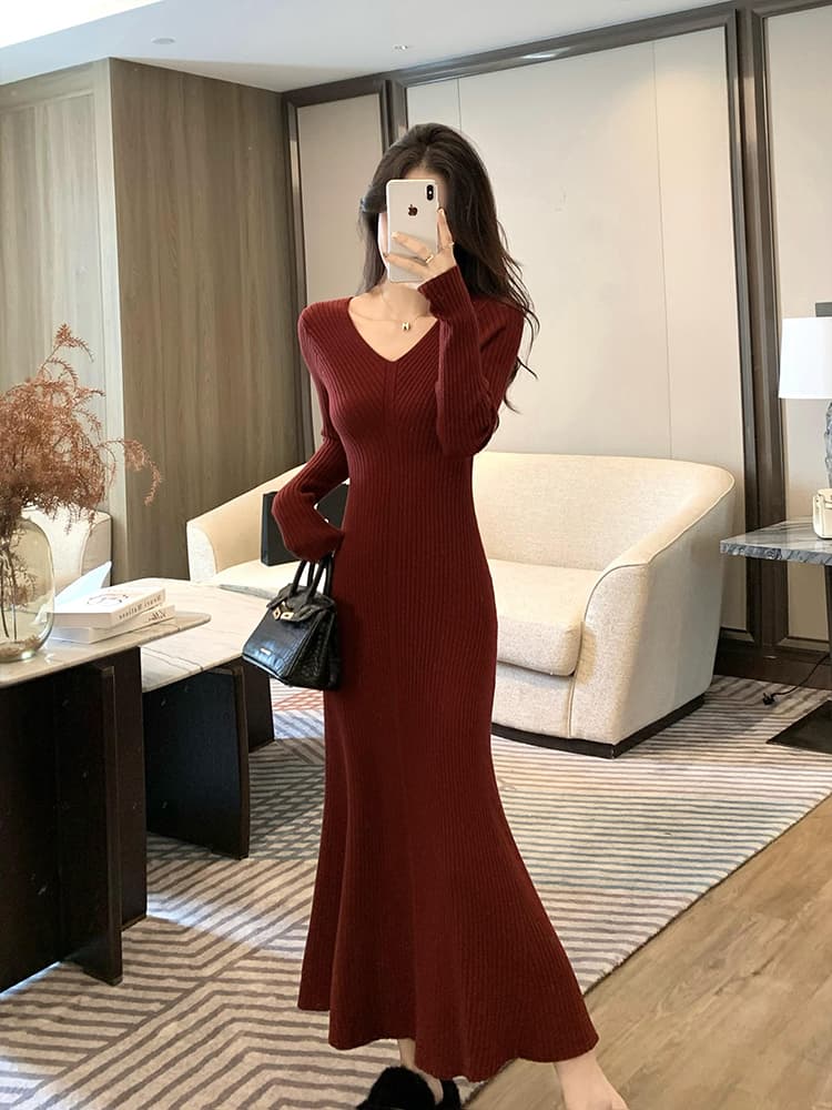 가을 겨울 경기 코트 인사이드 가져 가라. 스웨터 드레스 여성 품격 슬림해 보이는 만나는 니트 점프 슈트 치마 검정색 긴팔 몸매 가꾸기 롱 스커트 이미지 2