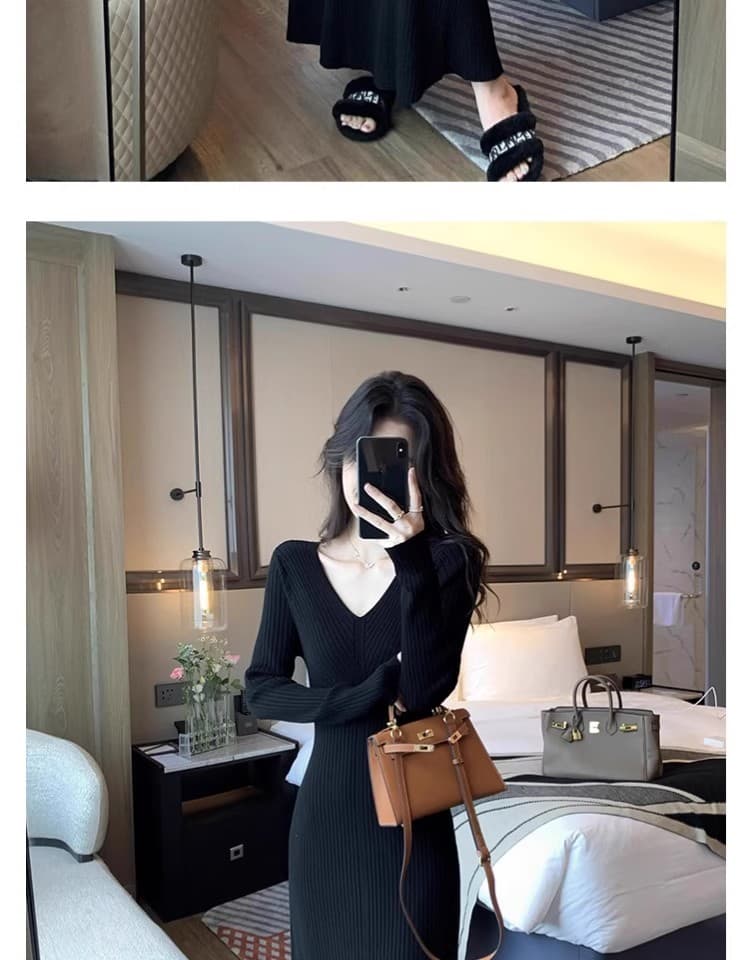 가을 겨울 경기 코트 인사이드 가져 가라. 스웨터 드레스 여성 품격 슬림해 보이는 만나는 니트 점프 슈트 치마 검정색 긴팔 몸매 가꾸기 롱 스커트 상세 이미지 21