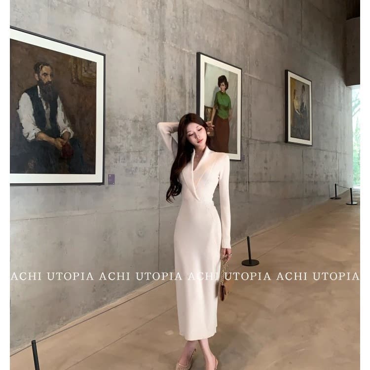 achi 대 또한 수영장 양모 V넥 니트 여성 드레스 가스 질감 허리 수축 타이트 스커트 롱 스커트 몸매 가꾸기 바지 스커트 이미지 4