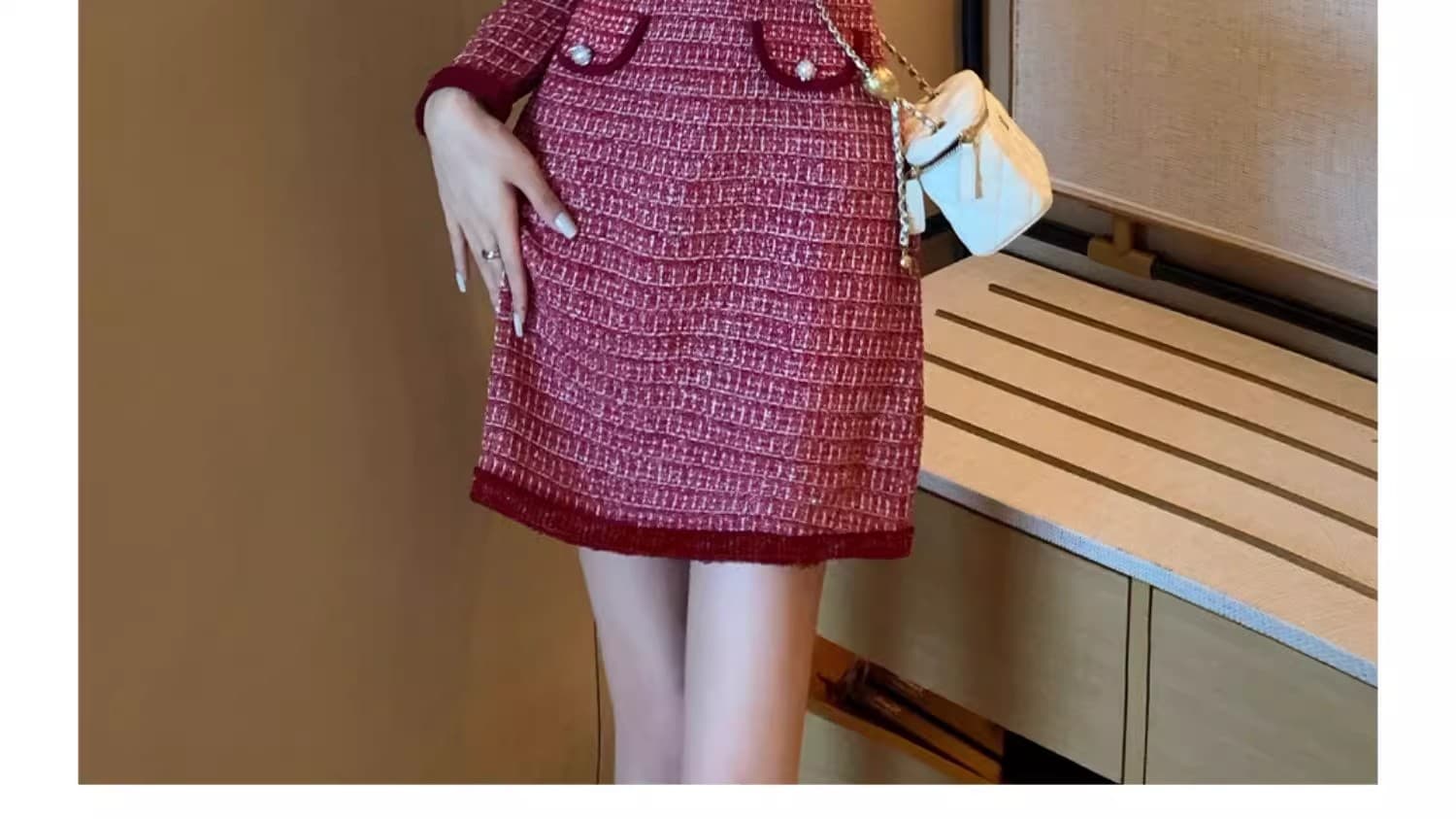 빨간색 작은 샤넬 스타일 드레스 여성 의류 2026 새로운 가을 품격 명문 여성 허리 수축 슬림해 보이는 고급 센스 니트 원피스 상세 이미지 11
