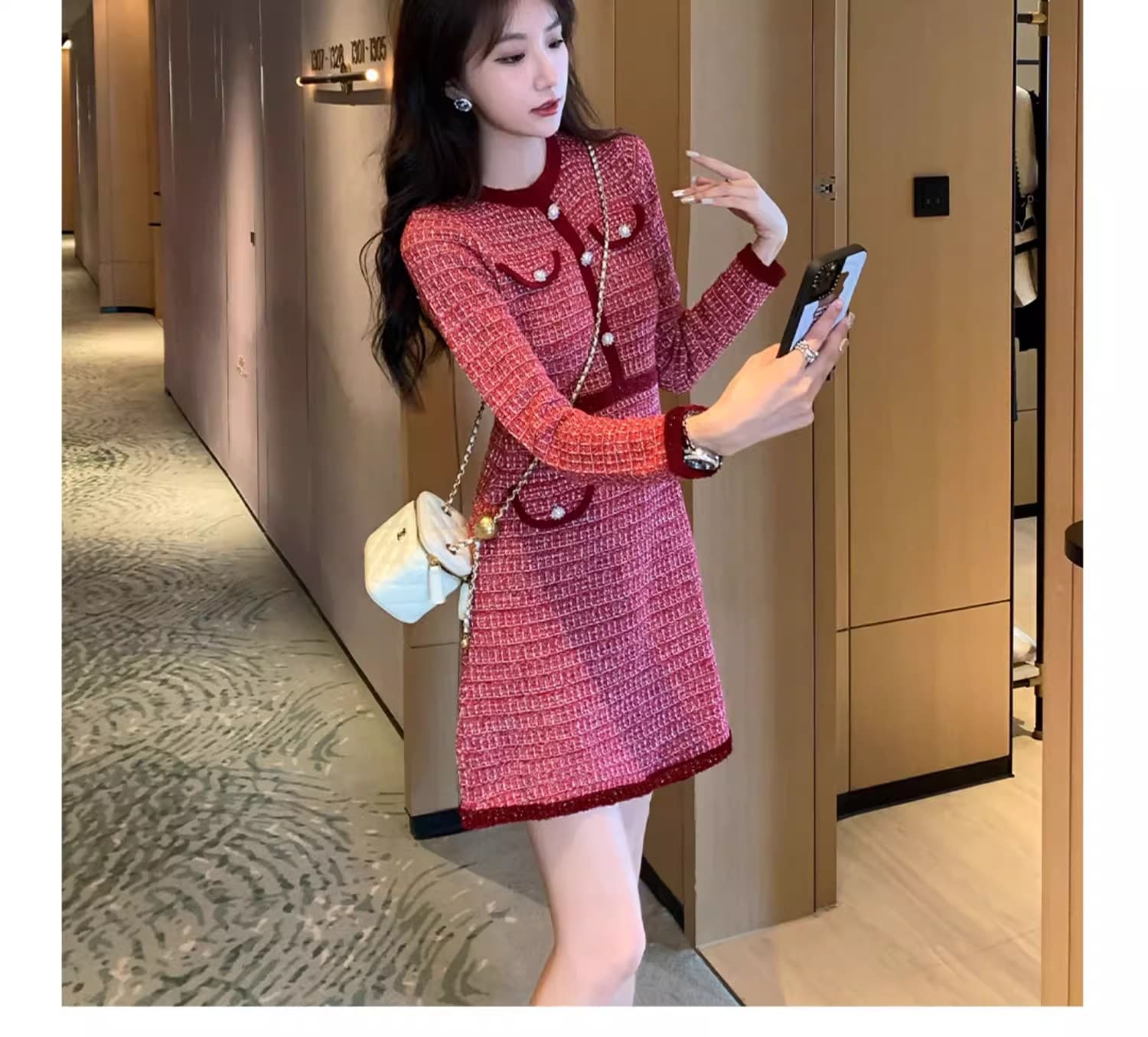 빨간색 작은 샤넬 스타일 드레스 여성 의류 2026 새로운 가을 품격 명문 여성 허리 수축 슬림해 보이는 고급 센스 니트 원피스 상세 이미지 13
