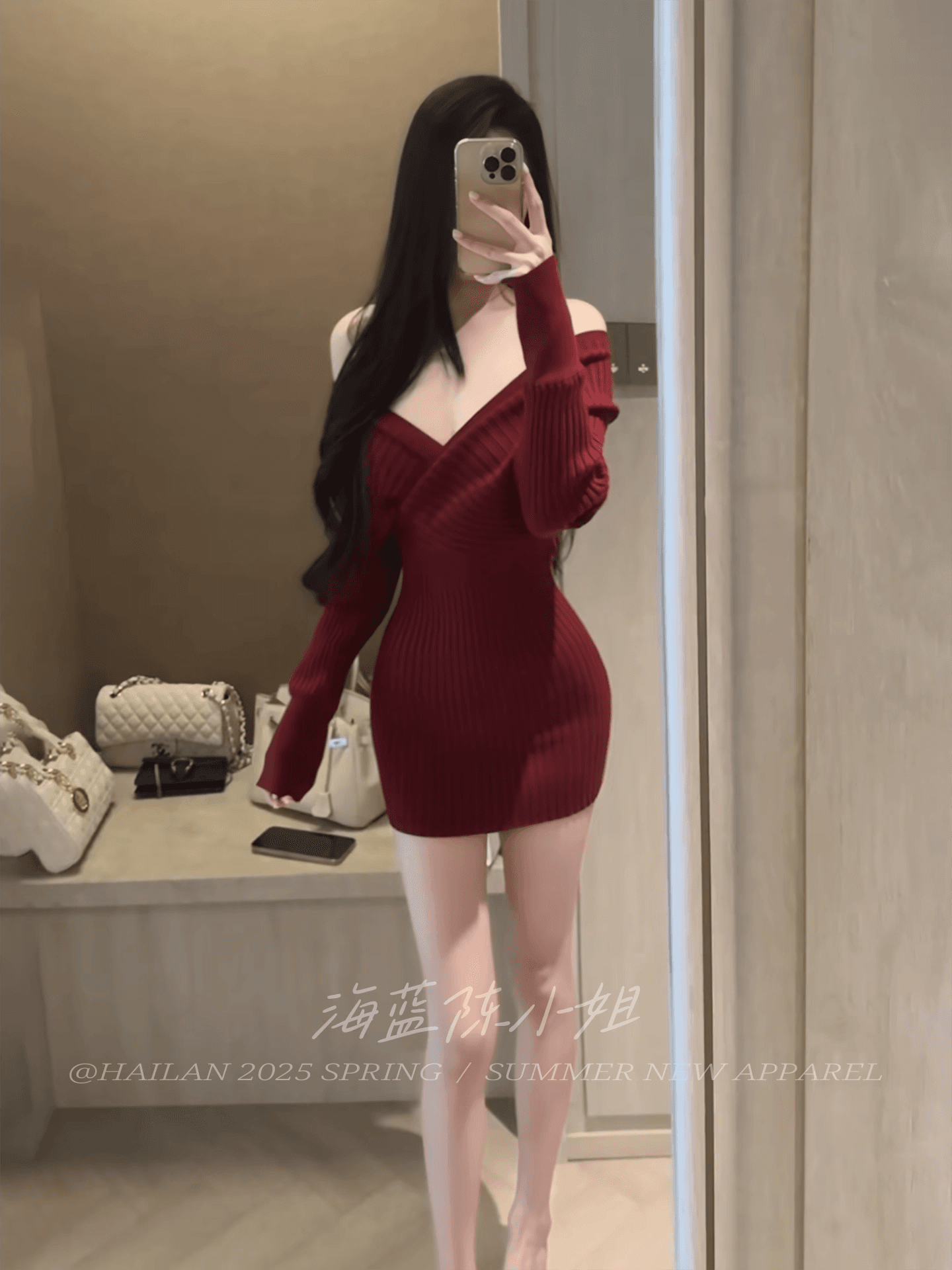 프랑스식 순수한 욕망 오프숄더 긴팔 허리 수축 여성 드레스 가을 새로운 슬림해 보이는 표지 고기 섹시함 니트 타이트 스커트 상세 이미지 6