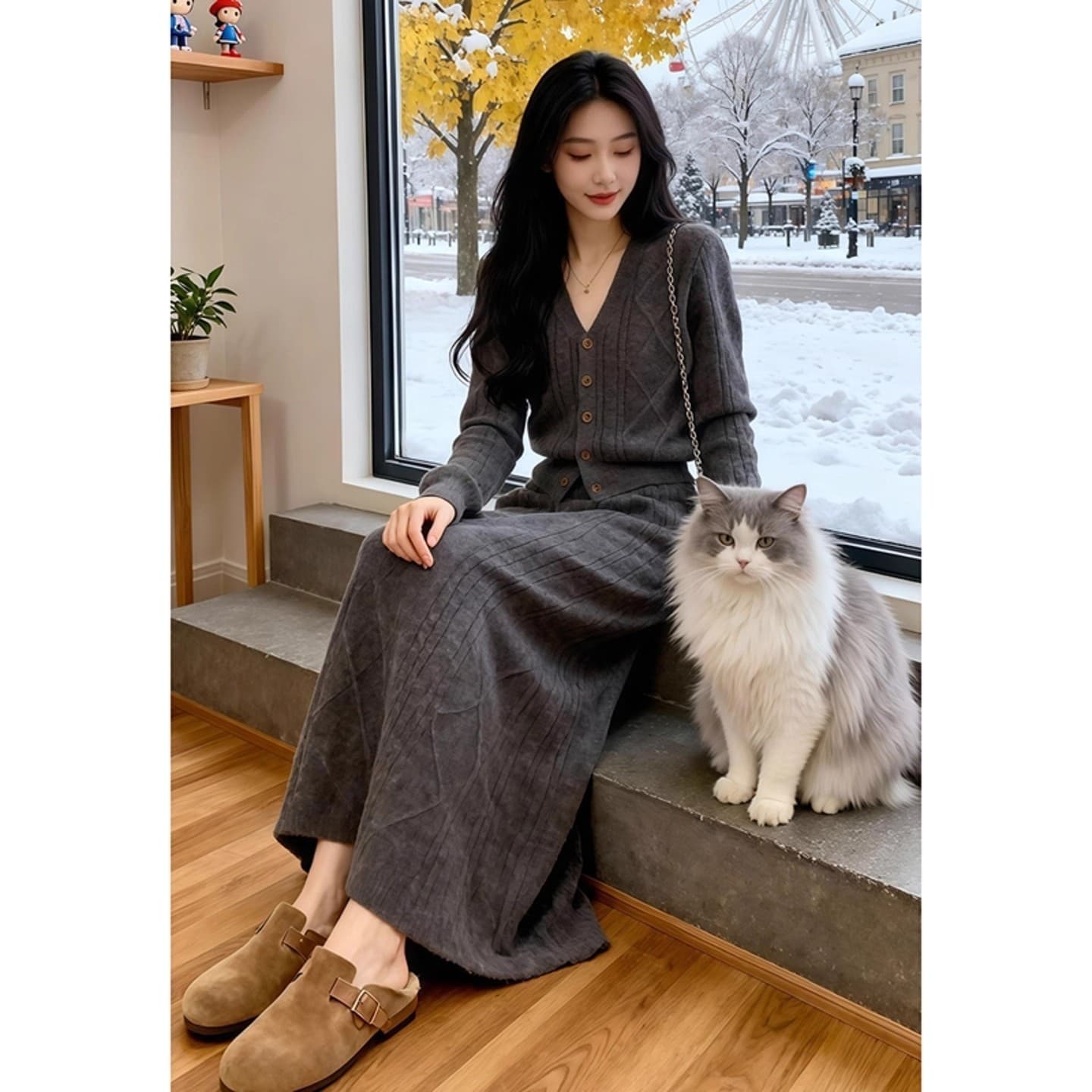 폭발 겨울 슈퍼 화재 전체 집합 빛 럭셔리 고급 센스 연령 감소 관대 한 점잖은 착용 가져 가라. 회색 니트 스웨터 세트 드레스 이미지 3