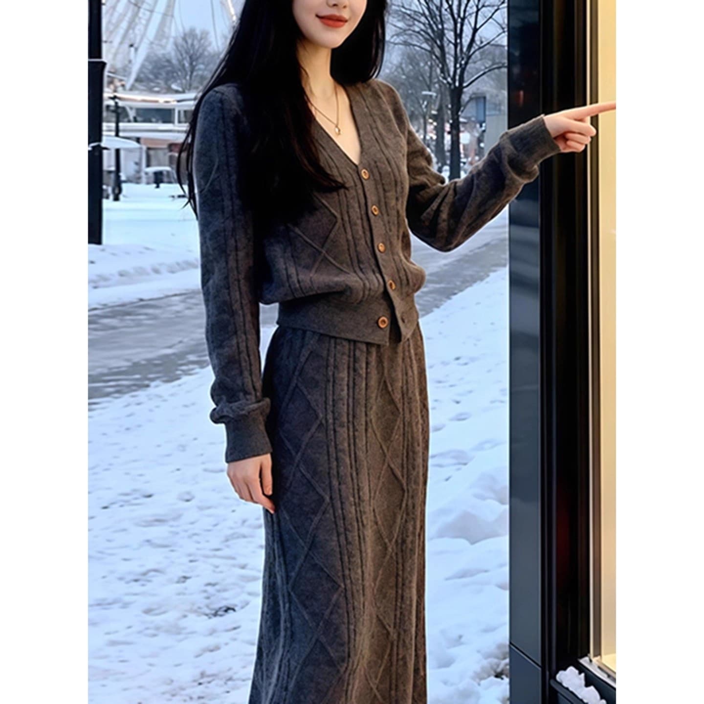 폭발 겨울 슈퍼 화재 전체 집합 빛 럭셔리 고급 센스 연령 감소 관대 한 점잖은 착용 가져 가라. 회색 니트 스웨터 세트 드레스 이미지 2
